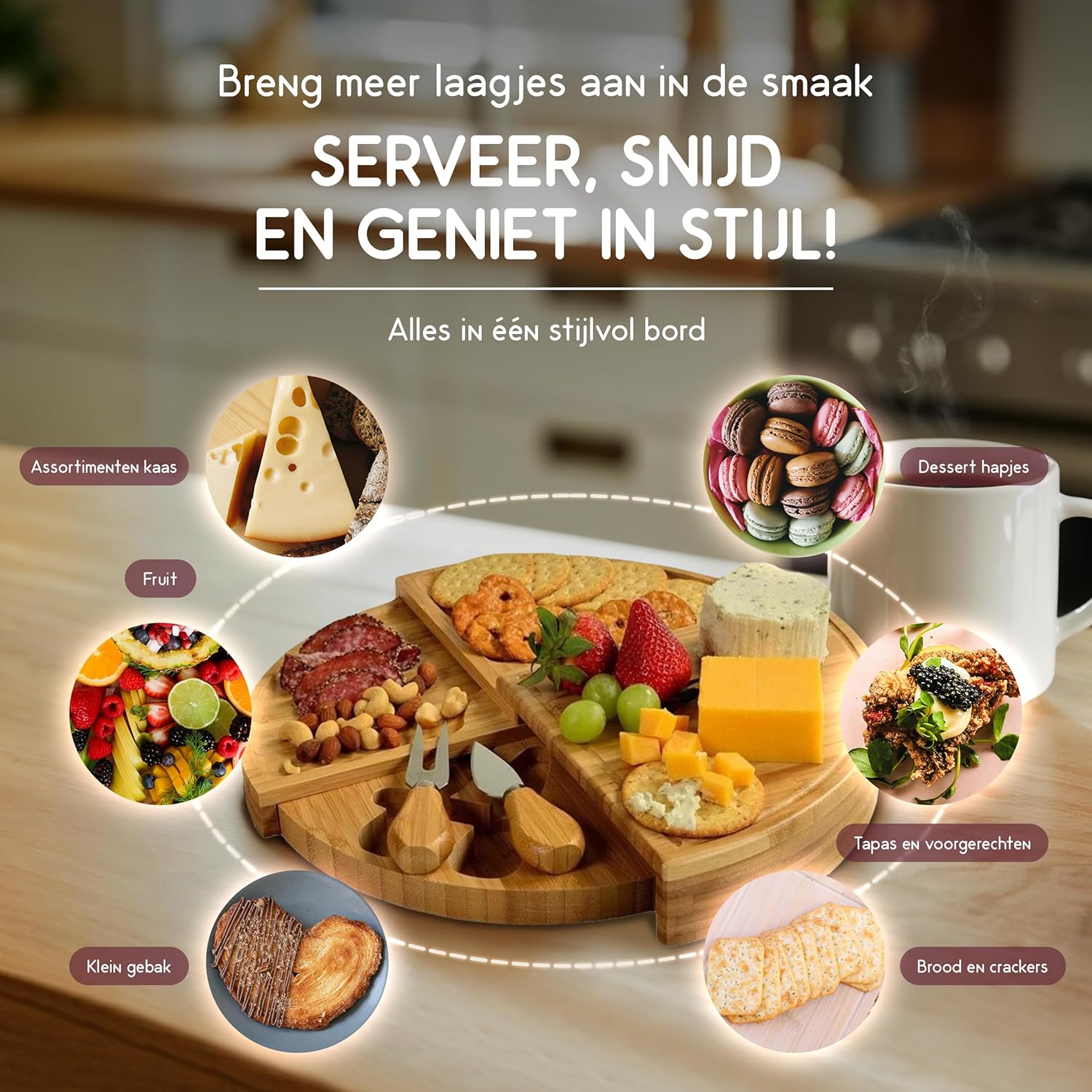 Recalma 4‑Lagen Tapasplank met Verborgen Lade & 2 Kaasmesjes