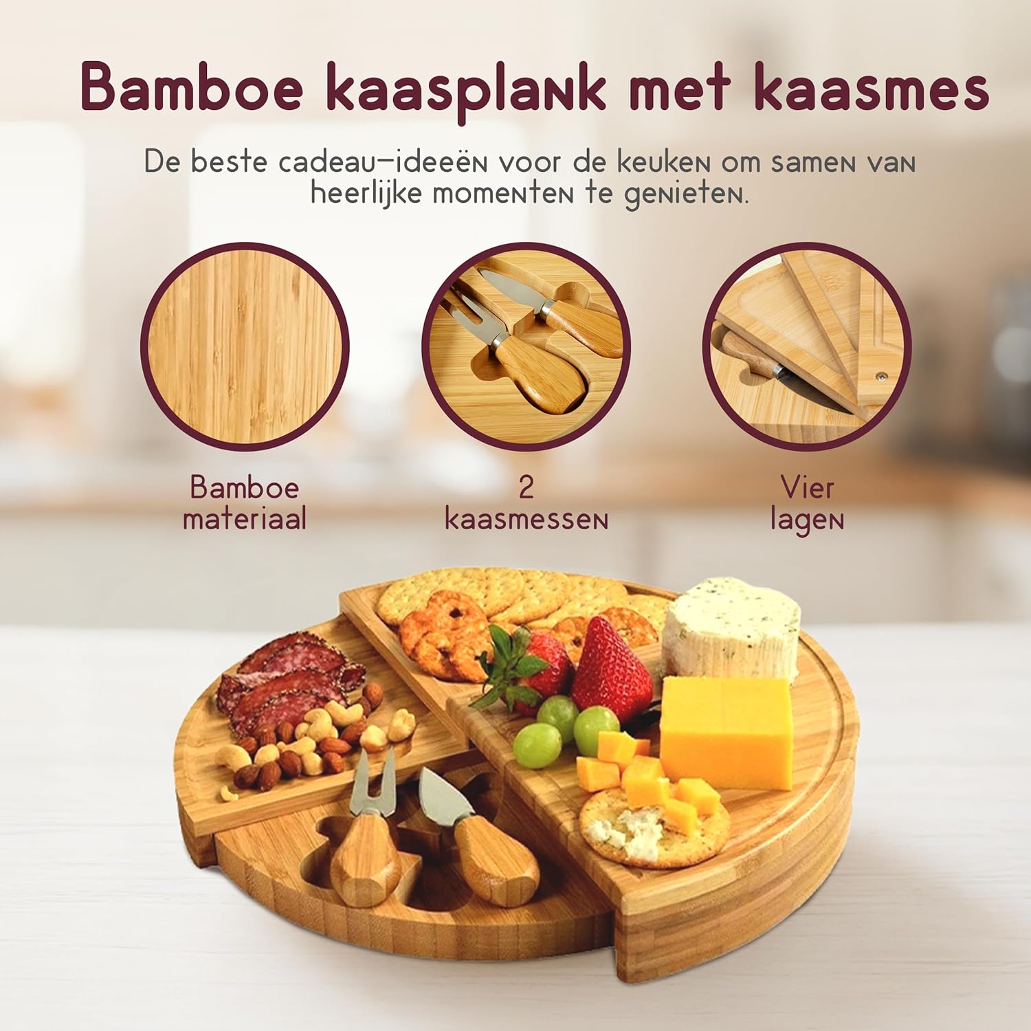 Recalma 4‑Lagen Tapasplank met Verborgen Lade & 2 Kaasmesjes