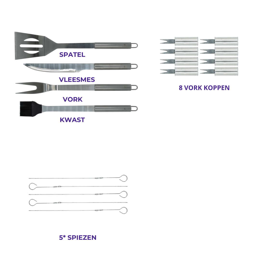Recalma 18-delige BBQ-accessoireset – Roestvrij Staal met Nylon Draagtas
