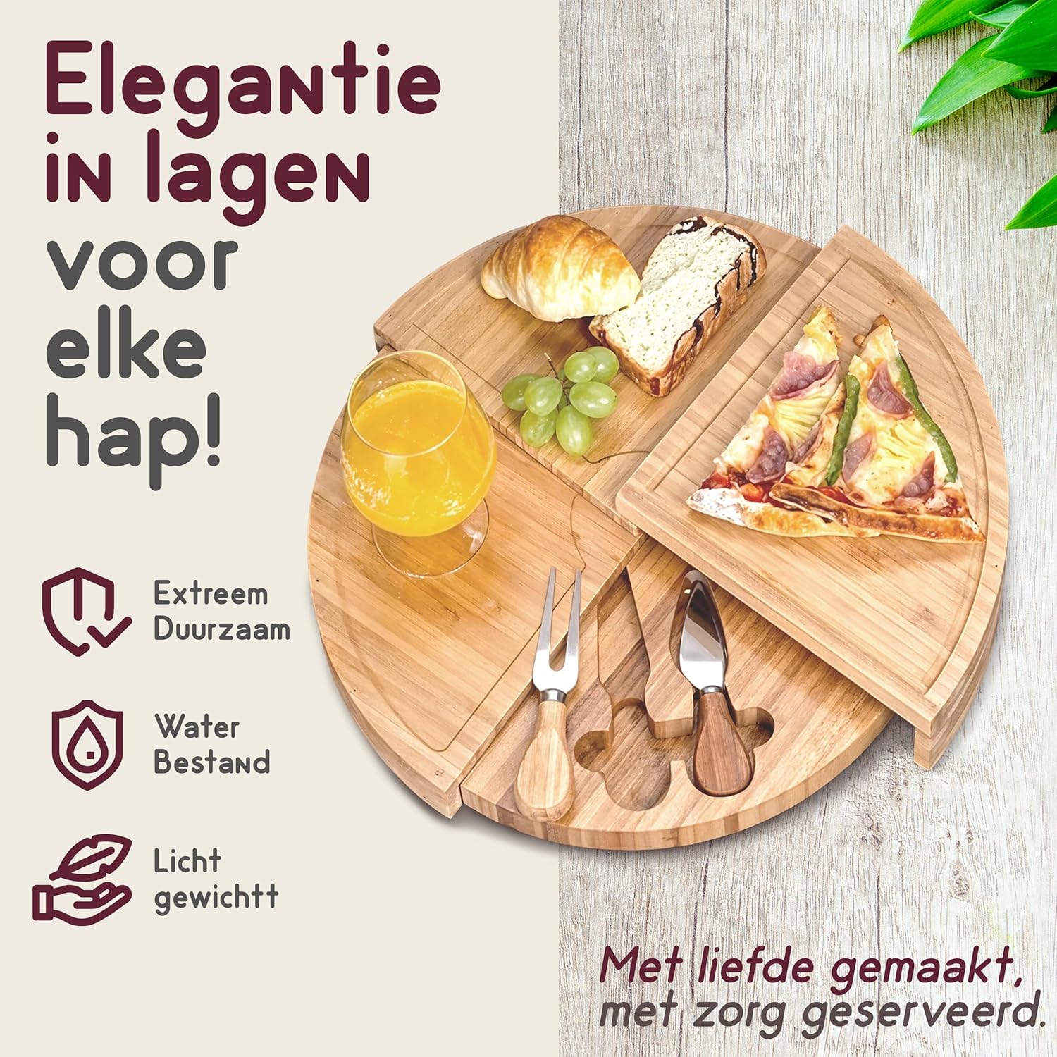 Recalma 4‑Lagen Tapasplank met Verborgen Lade & 2 Kaasmesjes