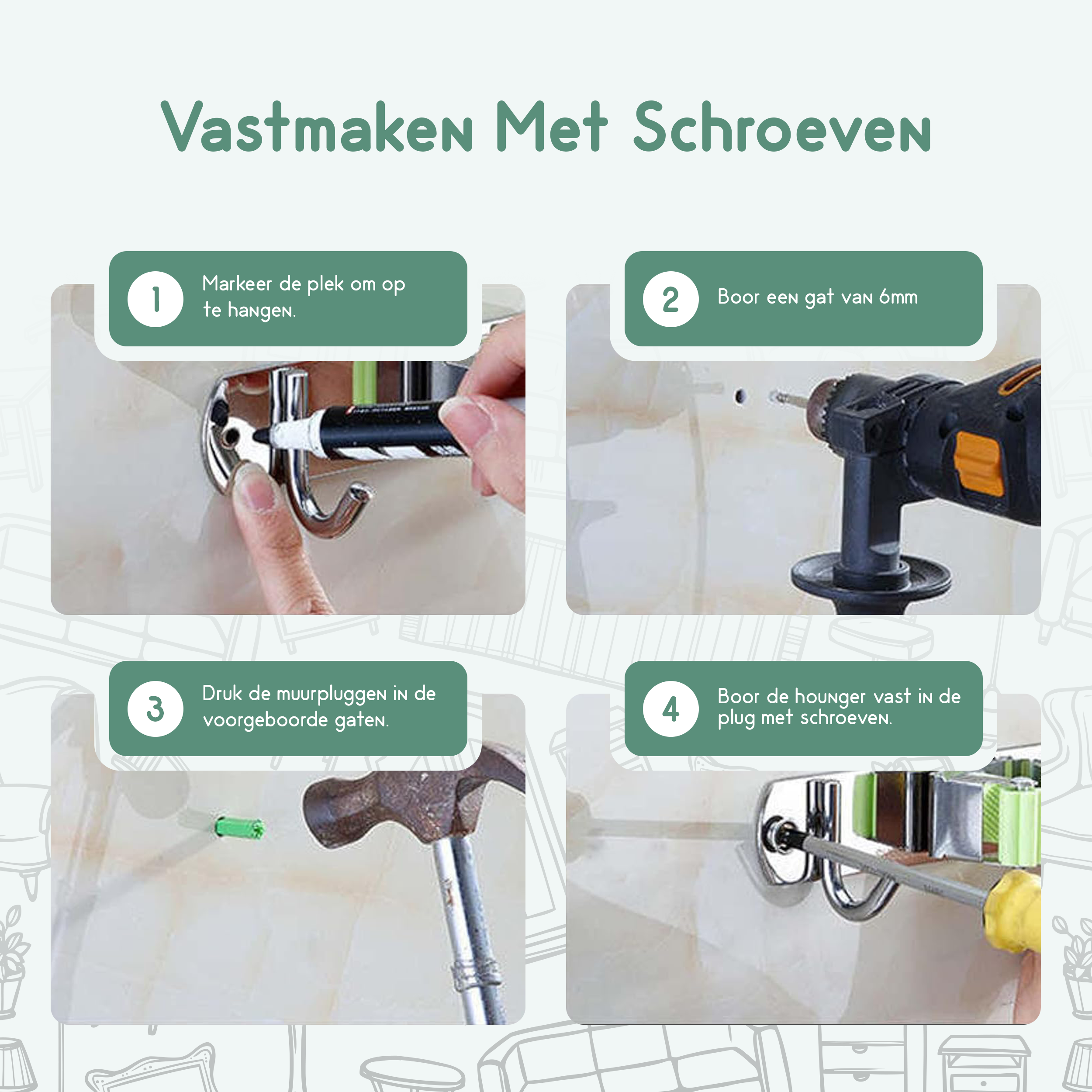 Recalma bezemhouder gereedschapshouder 8 Haken 7 Klemmen