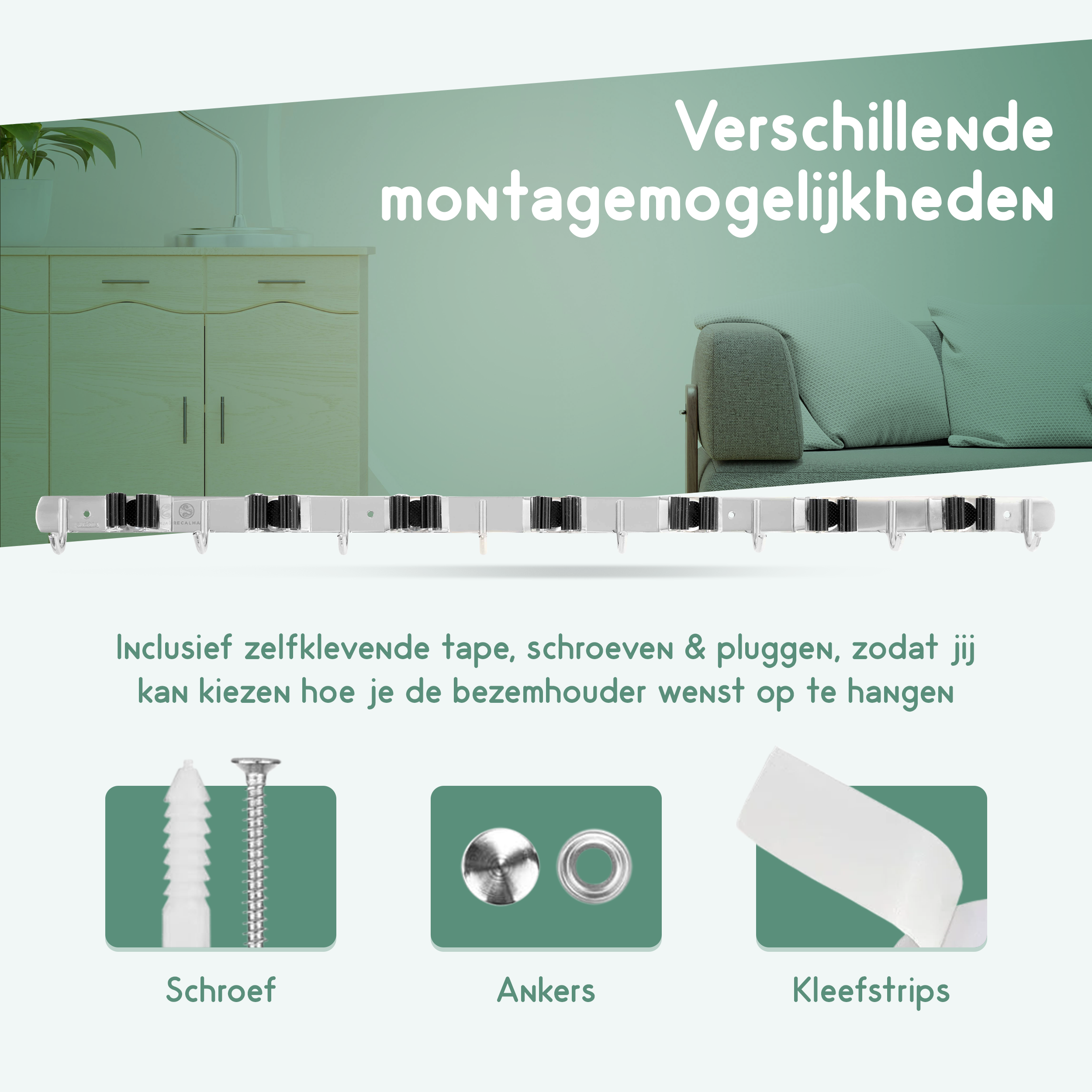 Recalma bezemhouder gereedschapshouder 8 Haken 7 Klemmen