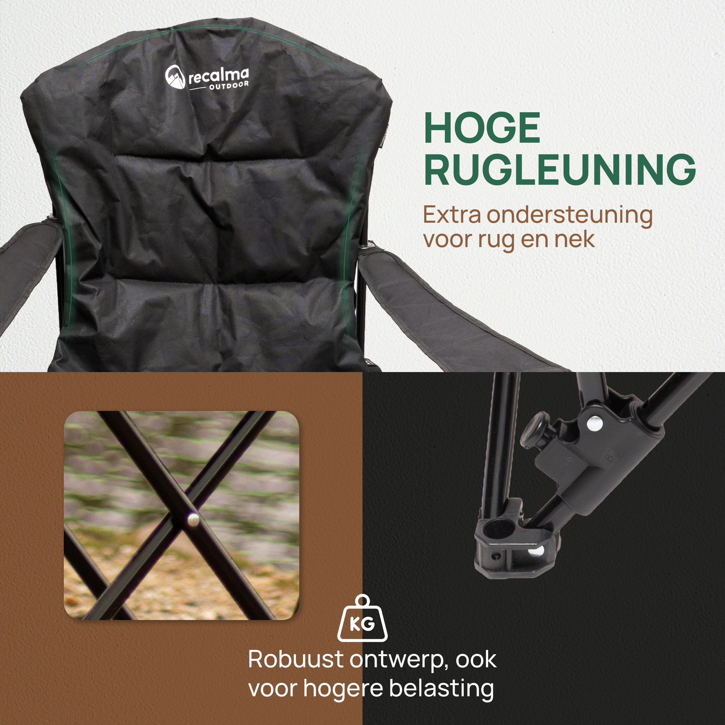 Recalma Campingstoel XXL met hoge rugleuning – zwart