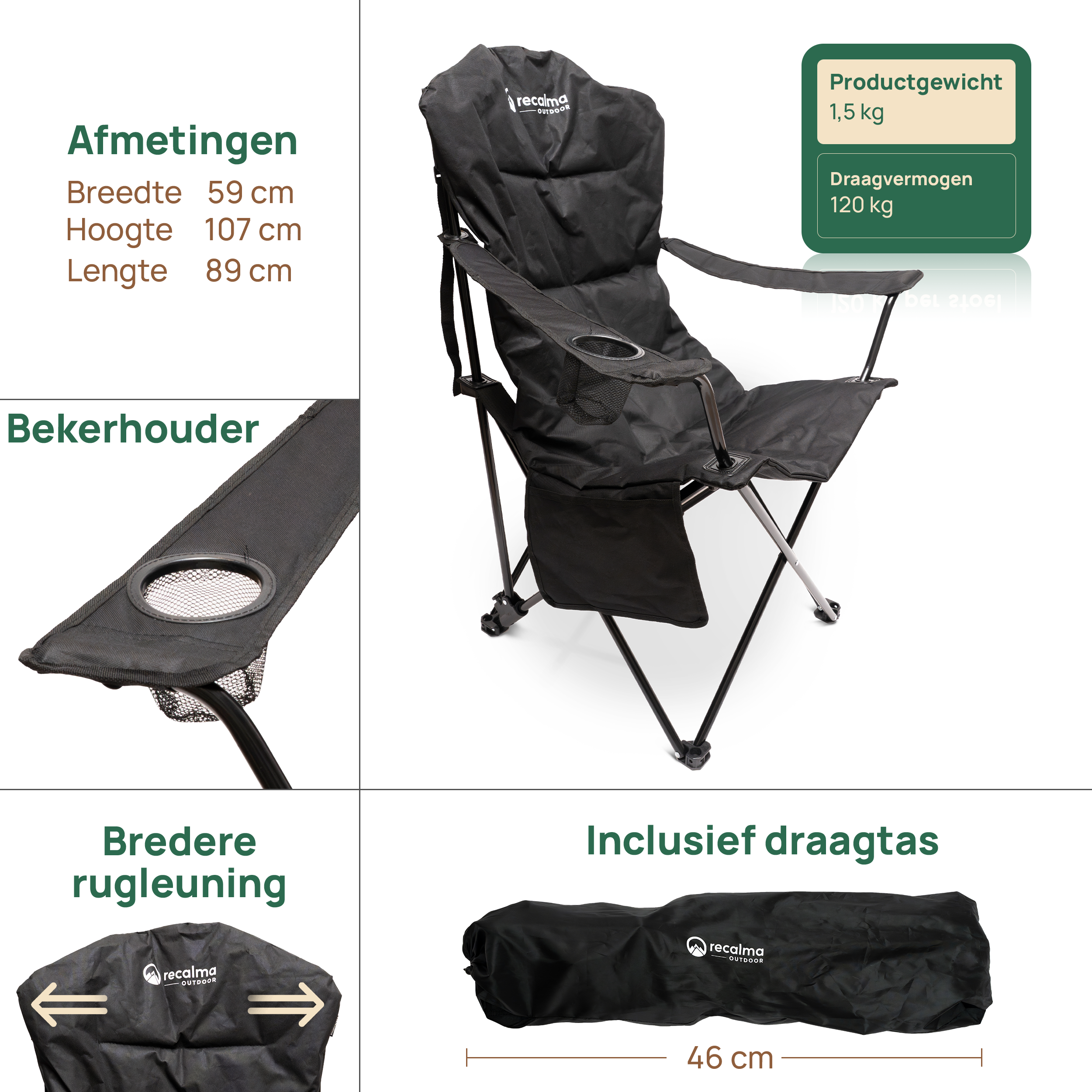 Recalma Campingstoel XXL met hoge rugleuning – zwart