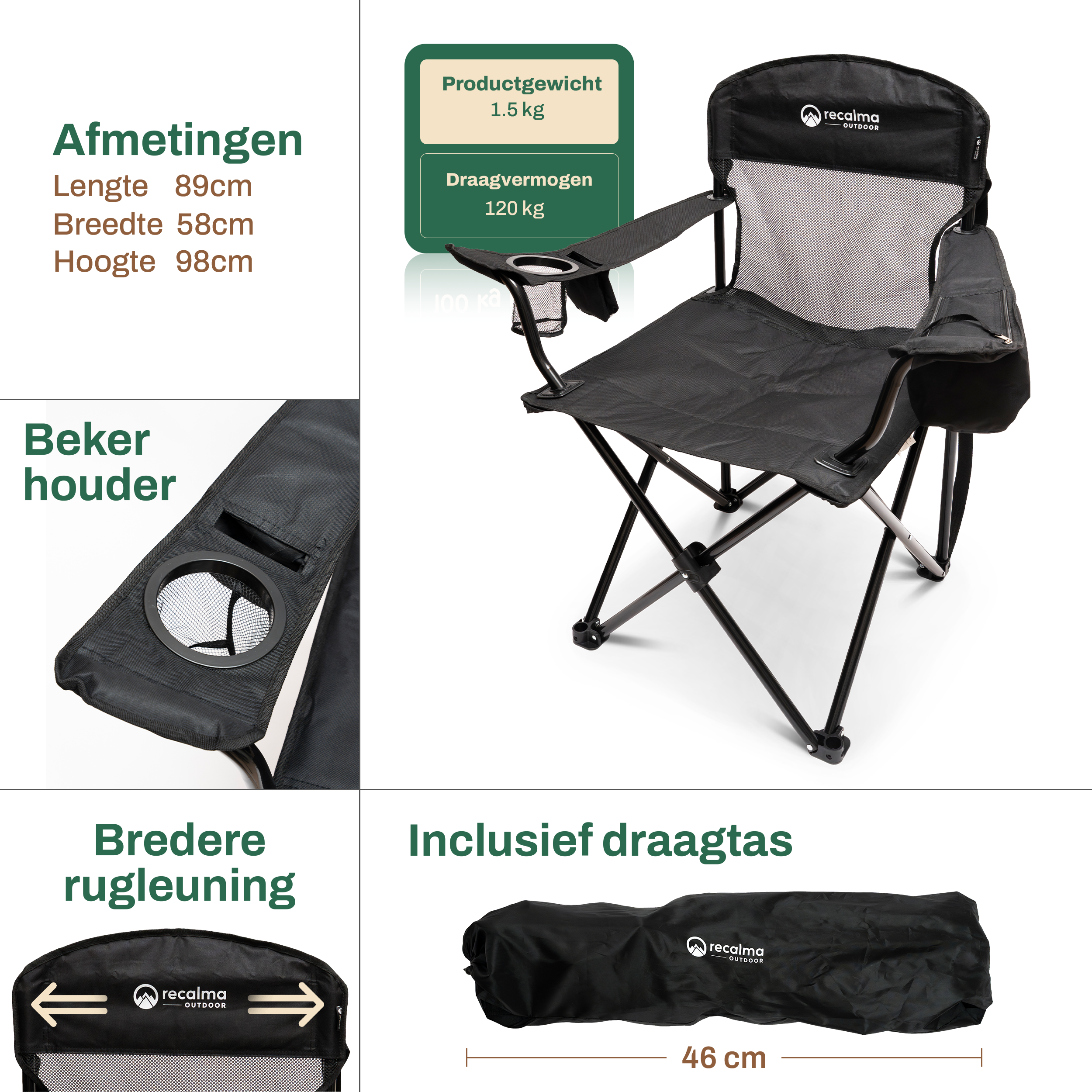 Recalma campingstoel met Koelvak - Opvouwbare kampeerstoel tot 150 kg